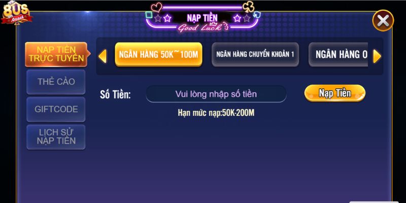 8us 30 Đa dạng hình thức nạp rút tiền tại 8US